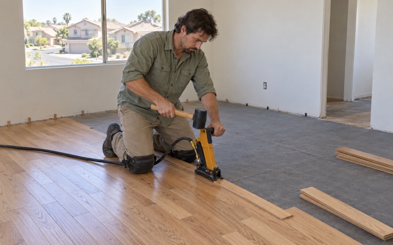 Worker nailing solid oak strip flooring with a flooring nailer in an upstairs room of a Westminster house.