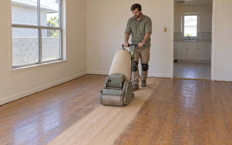 Worker guiding a drum sander down red oak strip flooring in a 1960s Westminster house.