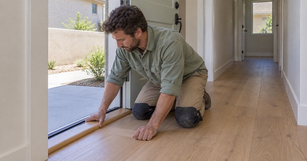 Worker fitting a flush oak threshold at the front door of a new backyard unit in Artesia.