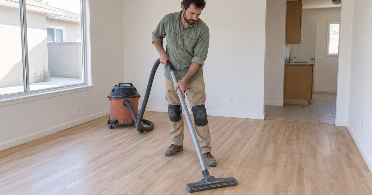 Sanded oak floor being cleaned between tenants in a Buena Park rental unit.