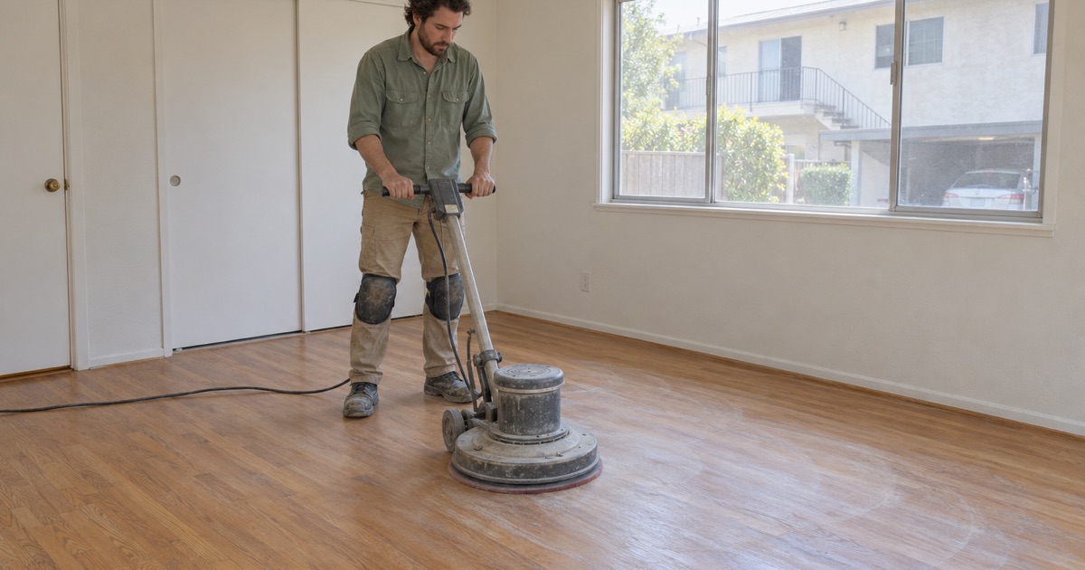 Worker screening the worn oak floor of one room in an occupied Costa Mesa rental with a floor buffer.