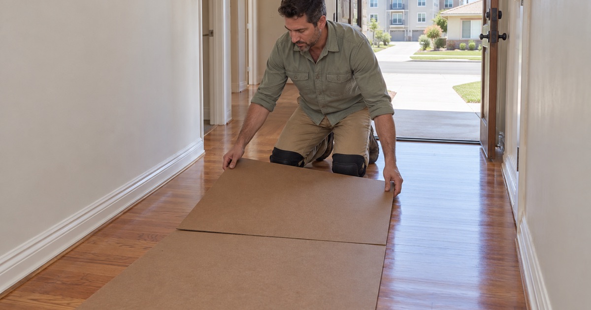 Worker laying protective hardboard over a refinished oak floor in a 1960s Cypress tract house.