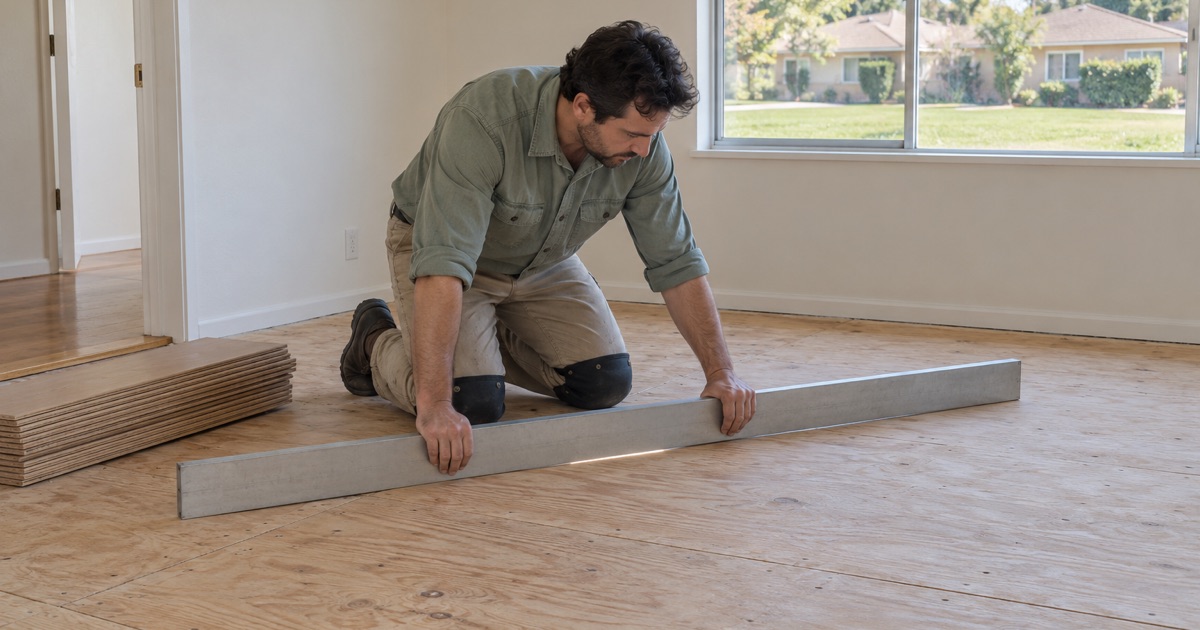 Worker checking a plywood subfloor for level with a long straightedge before new wood goes down in Fountain Valley.