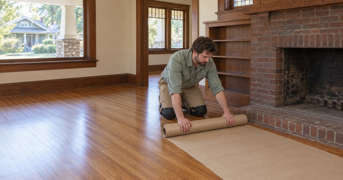 Worker papering over a newly refinished oak floor in a 1920s Craftsman bungalow in Fullerton.