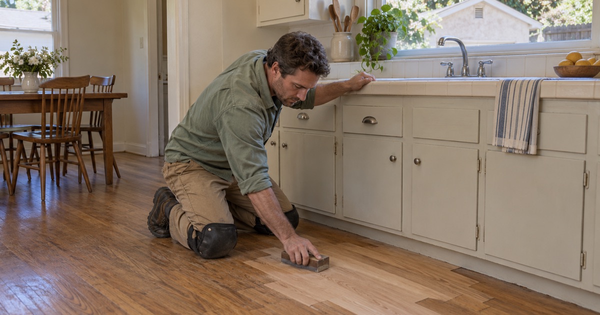 Worker sanding a new oak patch smooth beside the kitchen cabinets of a 1950s Garden Grove house after a plumbing repair.