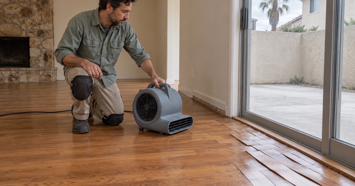 Worker setting a drying fan beside water-cupped oak boards in a two-story Huntington Beach house.