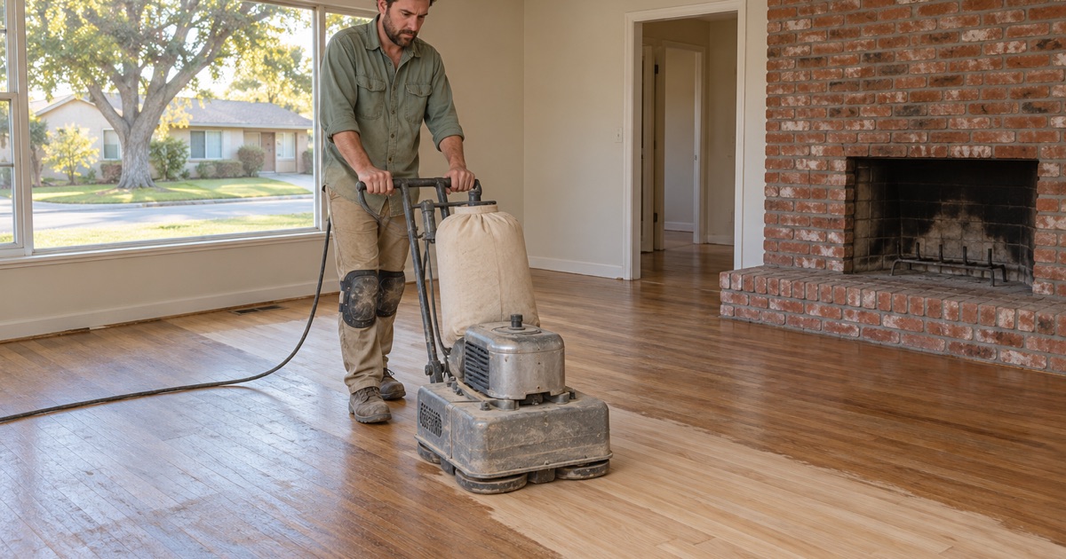 Decades-old oak floor being sanded for refinishing in a newly bought La Palma house.