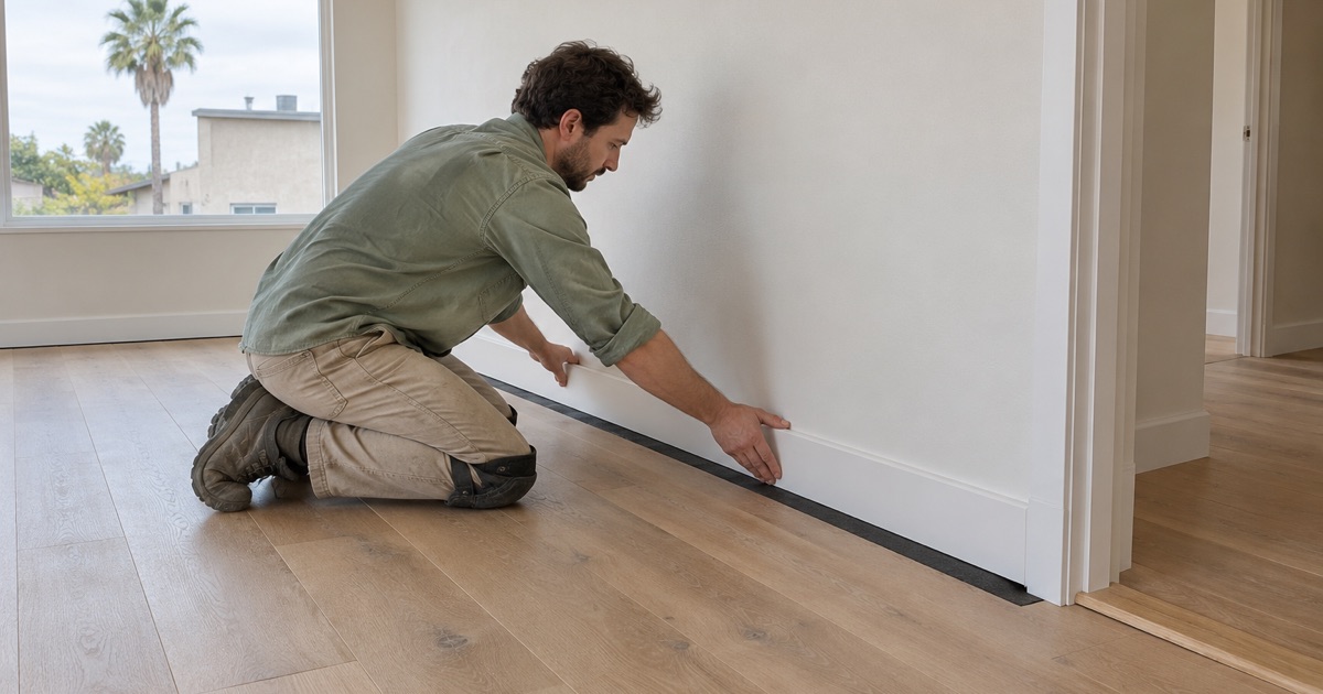 Worker setting baseboard above a new oak floor laid over sound-reducing underlayment in a Lomita home.