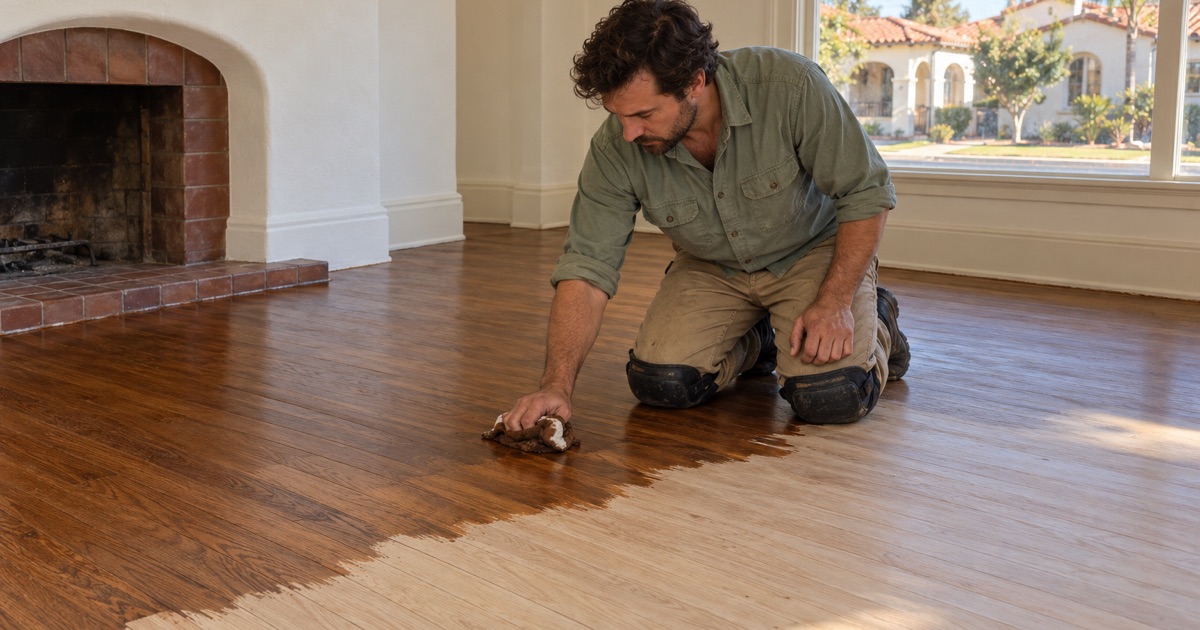 Worker wiping stain along sanded oak strips in a 1920s Spanish Colonial Revival bungalow in Long Beach.