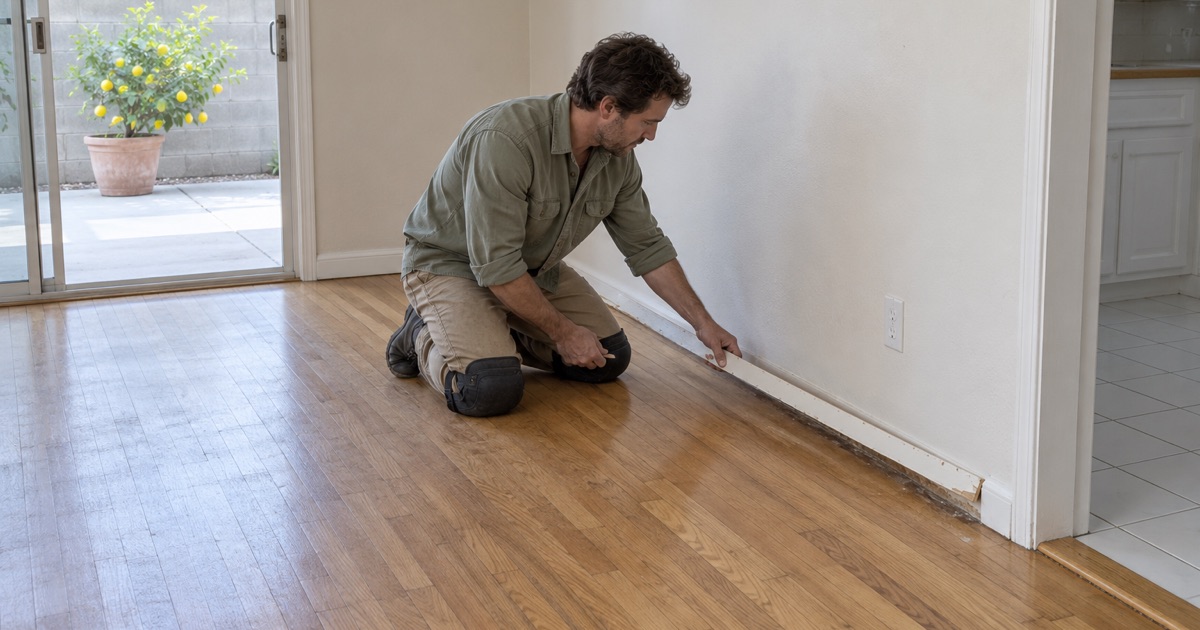 Worker pulling shoe molding to inspect oak board ends at an outside wall in Los Alamitos.