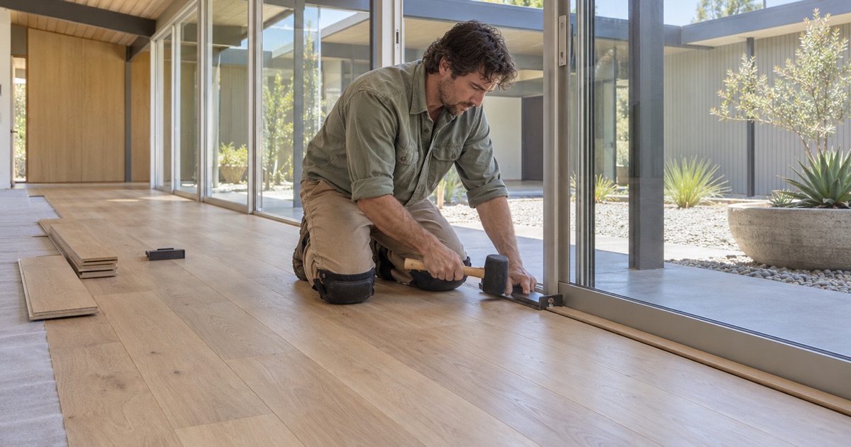 Worker closing the last engineered oak plank against a glass wall in a midcentury Eichler house in Orange.