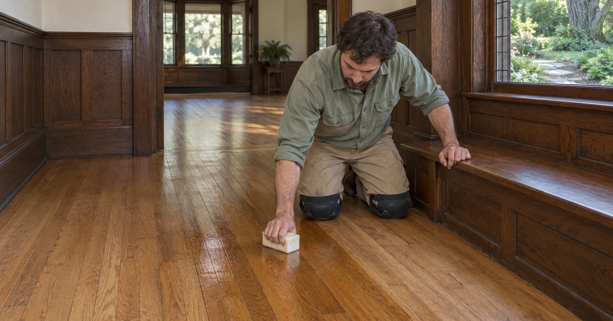 Worker oiling the original oak floor in the paneled hall of a landmark San Marino house.