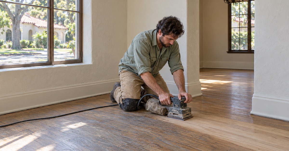Worker sanding original oak strip flooring by an arched doorway in a 1920s Period Revival house in Santa Ana.