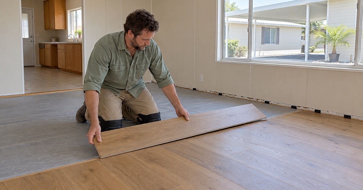 Worker angling an engineered oak plank into place inside a mobile home in a Stanton park.